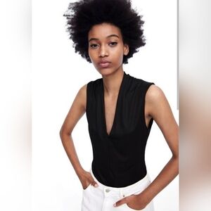 NWOT Zara Sleeveless V Neck Black Bodysuit Size M